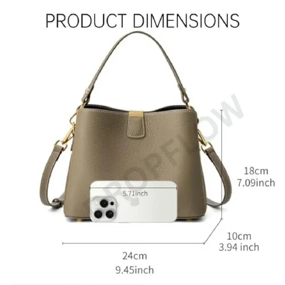 Genuine Leather Bucket Tote Minimalist Chic 3-Way Strap Work Purse Crossbody